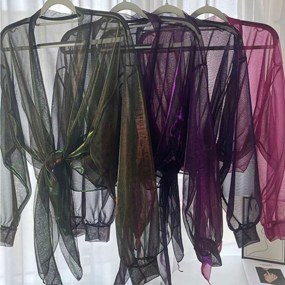 Iridescent green gradient sheer shaw tie cardigan sweater - Picture 2 of 2